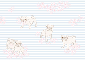 Seamless pattern with Pug dogs with blooming sakura spring flowers. Vector illustration. On blue and white stripes background.