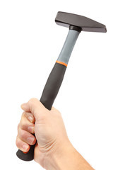Modern hammer in a male hand isolated on a white background