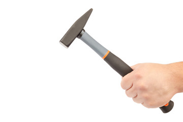 Modern hammer in a male hand isolated on a white background