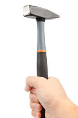 Modern hammer in a male hand isolated on a white background