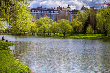 Fototapeta premium Summer landscape. Beautiful view to a city park with a lake and buildings in the background at warm sunny day. 