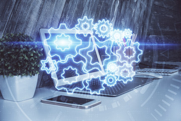 Multi exposure of business theme icons and table with computer background. Concept of success.