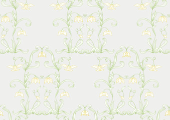 Galanthus, snowdrop, nivalis. Seamless pattern, background. Colored line art vector illustration. In art nouveau style, vintage, old, retro style. on soft grey background..