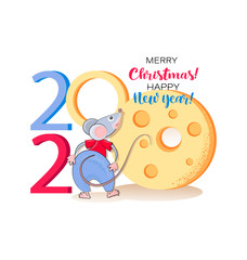 Mice. Rat with cheese. Christmas and new year greeting. Chinese New Year 2020. Design concept for happy new year, christmas holiday. Symbols of the year.