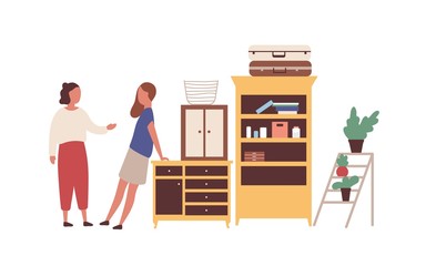 Women at flea market flat vector illustration. Cartoon girls, neighbors meeting at garage sale. Female shopper asking old furniture price. Second hand shop customers choosing antique purchases.