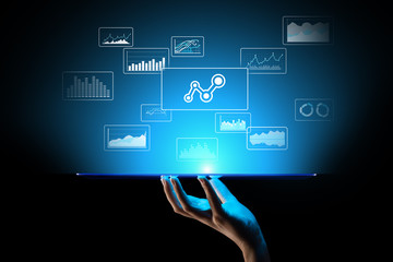 Big data analysis, business intelligence, technology solutions concept on virtual screen.