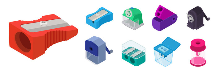 Sharpener icons set. Isometric set of sharpener vector icons for web design isolated on white background