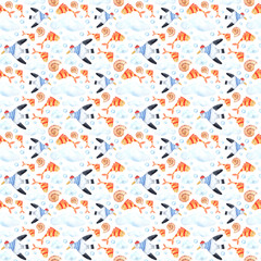 Seamless pattern of watercolor elements on the marine theme with gulls, striped fish, shells, clouds and bubbles. Perfect for forming postcards, textiles, paper, printing, wallpaper and any design