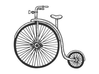 Fototapeta na wymiar Penny farthing high wheel bicycle sketch engraving vector illustration. T-shirt apparel print design. Scratch board style imitation. Hand drawn image.