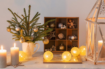 Christmas decorations on background white wall