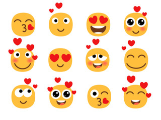 Love eyes emoticons vector Love eyes emoticons facesfaces. Yellow loving fun emoticon set, humor mood smileys with hearts, sweet cartoon emoji characters isolated on white background