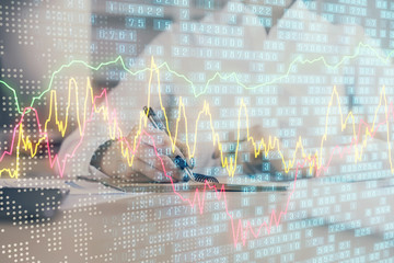 Financial chart drawn over hands taking notes background. Concept of research. Multi exposure