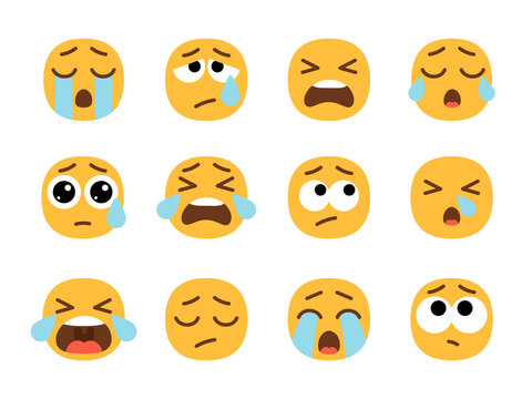 Yellow crying emoji faces. Cry face set, vector crier emojies with tears, pain or sad emoticons, sadness or unhappy people symbols