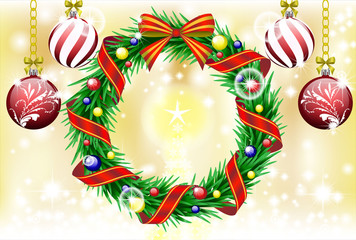 金色のクリスマス背景とクリスマスリース（キラキラ度アップ）