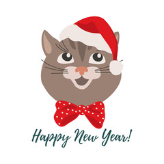 Fototapeta na wymiar Merry Christmas and Happy New Year. Isolated smiling cartoon face of cat in a red Christmas hat. Cute vector