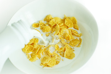cereal with milk in a white plate for breakfast, space for text, isolate