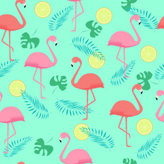 Seamless pattern of Pink and coral flamingos and palm leaves. lemon. Pastel turquoise background Wallpaper.