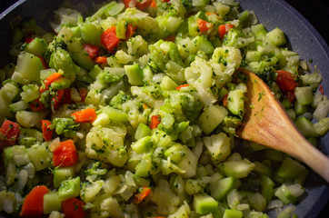 Fresh vegetables cooked on a pan. Healthy food. Vegan. Background.