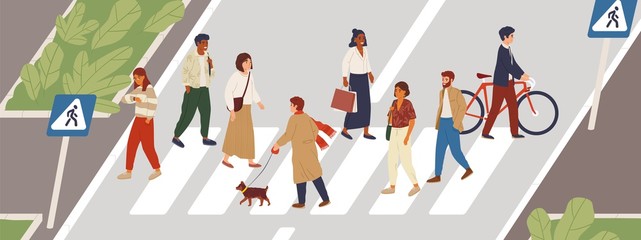 People at crosswalk flat vector illustration. Urban lifestyle concept. Male and female pedestrians crossing city street cartoon characters. Multiethnic community members. Rush hour idea. - obrazy, fototapety, plakaty