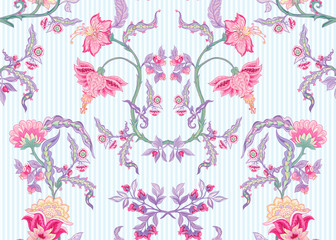 Pattern elements with stylized ornamental flowers in retro, vintage style. Jacobean embroidery. Outline hand drawing vector illustration.