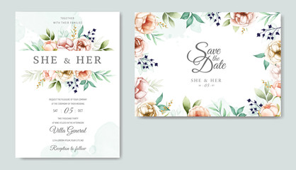 Fototapeta na wymiar wedding invitation design with watercolor floral and leaves