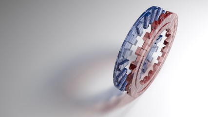 Coupling gearing in red and blue glass, on white surface - 3D rendering illustration