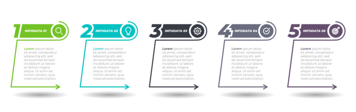 Business info graphic design template with marketing icons. Timeline process with 5 options, steps. Vector illustration.