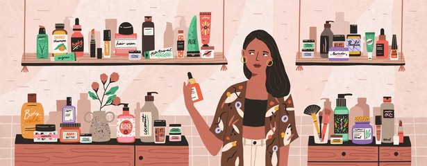 Natural cosmetics, eco products choosing in store flat illustration. Female shop assistant, cosmetic buyer cartoon character. Toiletry assortment. Lady skincare, makeup, beauty products choice. - obrazy, fototapety, plakaty
