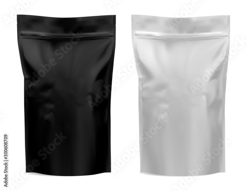 Download Coffee Package Foil Bag Mockup Flour Tea Paper Pouch Blank Design Black And White Food Product Mock Up Realistic Plastic 3d Template For Pasta Dog Chips Snack Silver Sachet Sack Blank Wall