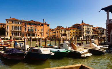 Obraz premium Motor boats parking in Grand Canal in Venice