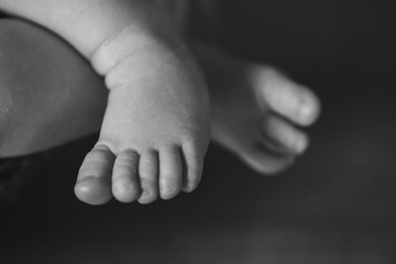 Fototapeta premium Baby's feet, fingers close up. newborn baby legs, massage concept of childhood, health care, IVF, hygiene