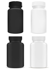 Plastic supplement package. Vitamin pill jar. 3d pharmathy container for medical tablet, capsule. Pharmaceutical drug bottle mockup collection. Small protein powder pack. Aspirin packaging