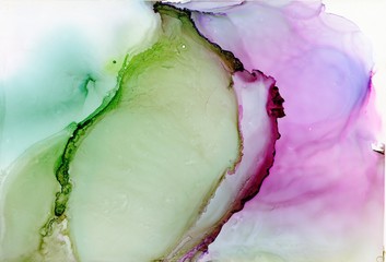 Abstract background in alcohol ink technique. Pale green, violet and lime marble texture. Wash drawing effect wallpaper. Modern illustration for card design, banners and ethereal graphic design. - 300610328