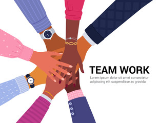 Team work concept. Vector illustration of young diverse business people putting their hands together. Place for your text. Isolated on white.