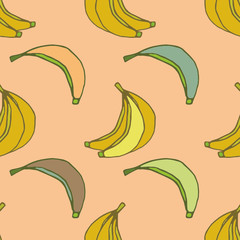 Banana vector seamless pattern. Colorful bananas on pink background. Vector illustration with tropical fruits. Perfect for decoration, wrapping paper design, cards, wallpaper, surface design.