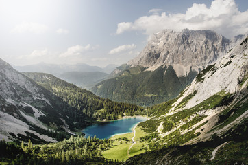 Mountain view landscape in Austria with Zugspitze in background - obrazy, fototapety, plakaty