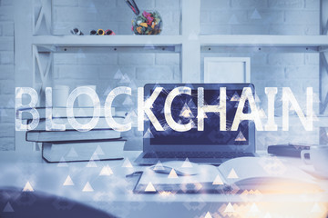 Multi exposure of blockchain theme hologram and table with computer background. Concept of bitcoin...
