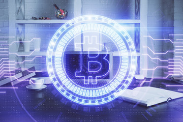 Multi exposure of blockchain theme hologram and table with computer background. Concept of bitcoin crypto currency.