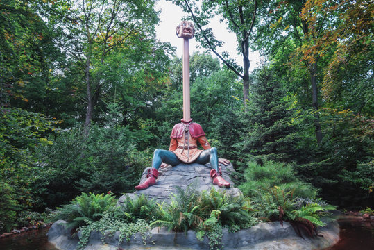 Kaatsheuvel, Netherlands, August 19, 2017: Long necked servant from the fairy tale six servants in the fairytale forest in the theme park Efteling