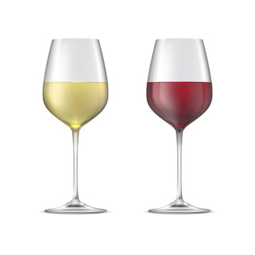 Red and white wine in glass goblets isolated on white background.