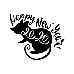 Happy Chinese New Year typography greeting card. 2020 Year of the Rat. Hand drawn lettering design. 