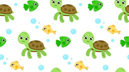Seamless pattern with sea creatures turtle and fish Cartoon style. Isolated on white background. Printing on fabric, packaging, wrappers, gift bags.