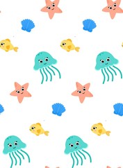 Seamless pattern with marine life, jellyfish, starfish and fish. Cartoon style. Isolated on white background. Printing on fabric, packaging, wrappers, gift bags.