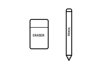 Crucial stationaries: pencil and eraser icon Included text displays as isolated object icon for multiple purpose