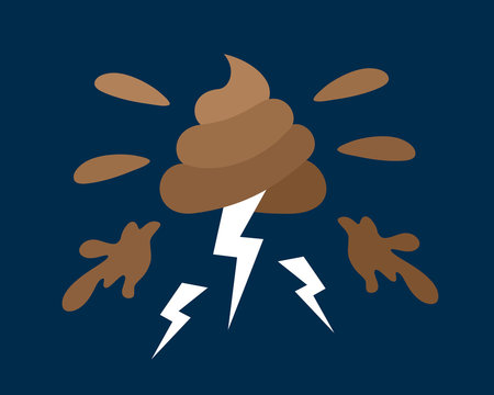 Excrement and lightning as symbol and pictogram of shitstorm - negative and problematic difficulty leading to fiasco, failure, debacle and disaster. Nasty vector Illustration.
