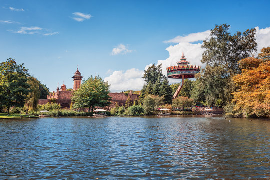 Kaatsheuvel, Netherlands, August 19, 2017: Symbolica the palace of fantasy with next to it the Pagode for an aerial view of the amusement park Efteling