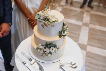 A bride and a groom is cutting their wedding cake
