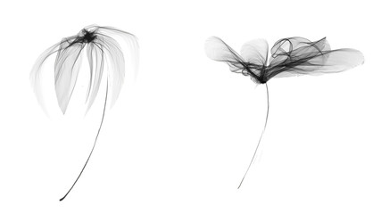 Watercolor transparent flowers. Black white isolated on white background. X-ray ornament.