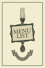 Vector template menu for restaurant with realistic fork, picture frame and ribbon in retro style on a light background