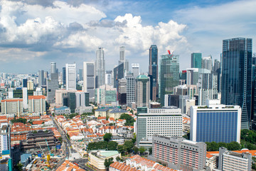 Fototapeta na wymiar Singapore Skyline: Aerial Wide Shot of Modern Skyscrapers in Downtown Singapore on a Clear Summer Day (Southeast Asia)